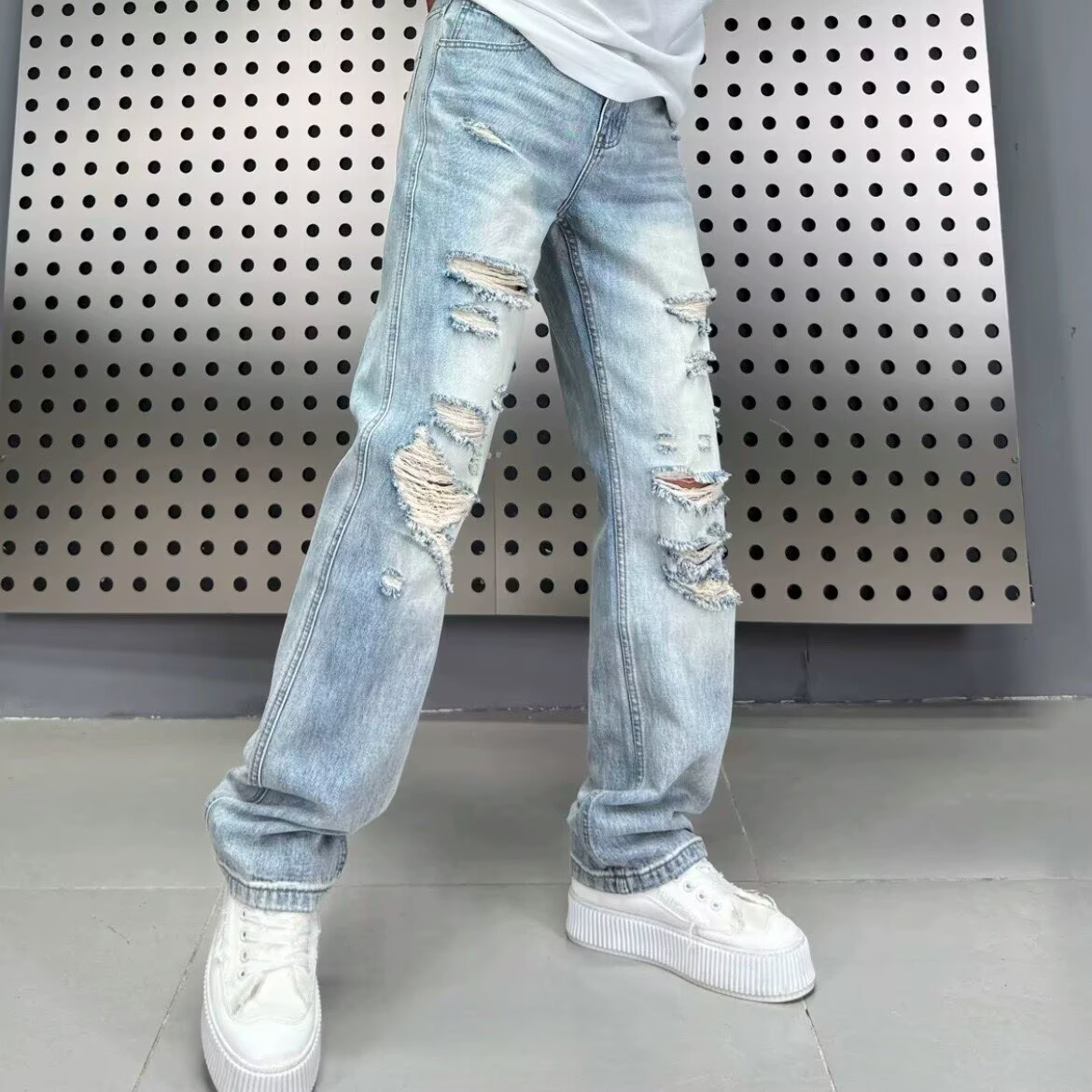 Perforated Design Denim Straight Leg Pants 5 Perforated Design Denim Straight Leg Pants - Image 5