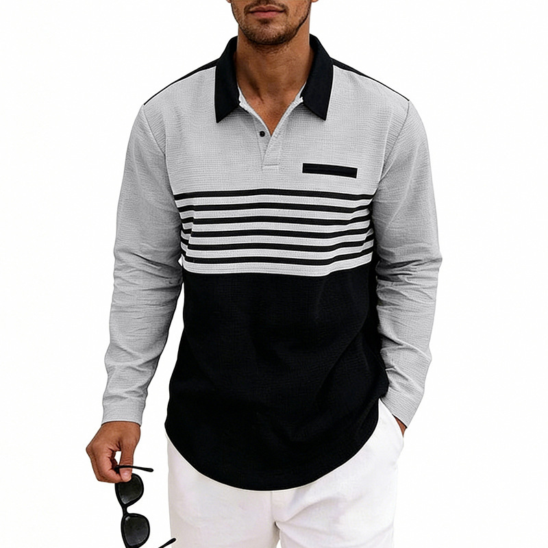 Men's Waffle-Weave Loose-Fit Casual Color-Block Striped Long-Sleeve Shirt 5 Men's Waffle-Weave Loose-Fit Casual Color-Block Striped Long-Sleeve Shirt - Image 5