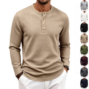 Retro Jacquard Plaid Loose-Fit Long-Sleeve Henley T-Shirt