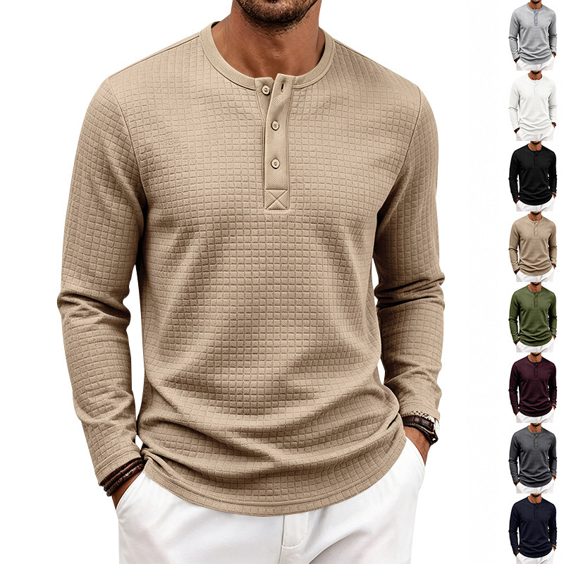 Retro Jacquard Plaid Loose-Fit Long-Sleeve Henley T-Shirt 1 Retro Jacquard Plaid Loose-Fit Long-Sleeve Henley T-Shirt