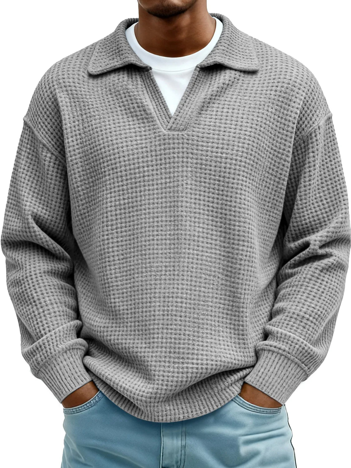 Waffle-Paneled Polo Shirt Mens Lapel Knitwear 5 Waffle-Paneled Polo Shirt Mens Lapel Knitwear - Image 5