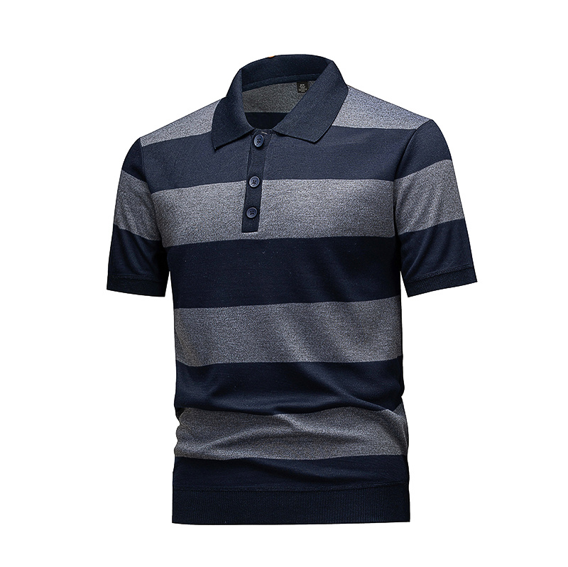 Men's Navy & Grey Horizontal Striped Knit Polo Shirt, Short Sleeve Casual Top 2 Men's Navy & Grey Horizontal Striped Knit Polo Shirt, Short Sleeve Casual Top - Image 2