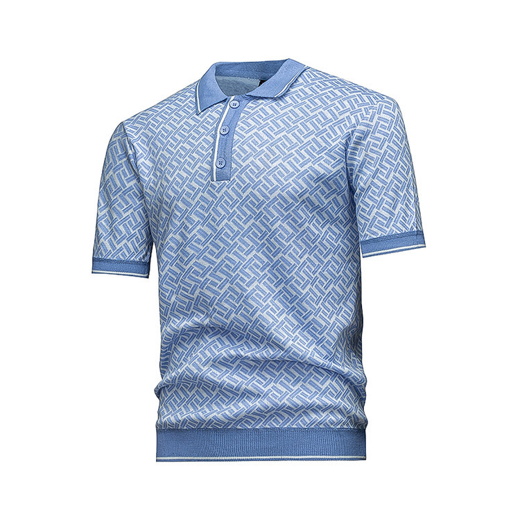 Men's Short Sleeve Knit Polo Shirt, Geometric Interwoven Pattern, Black & Grey - Image 6