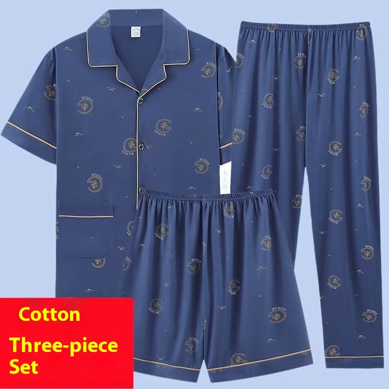 Men's Pajamas Summer Cotton Short Sleeve Trousers Three-piece Set 7 Men's Pajamas Summer Cotton Short Sleeve Trousers Three-piece Set - Image 7