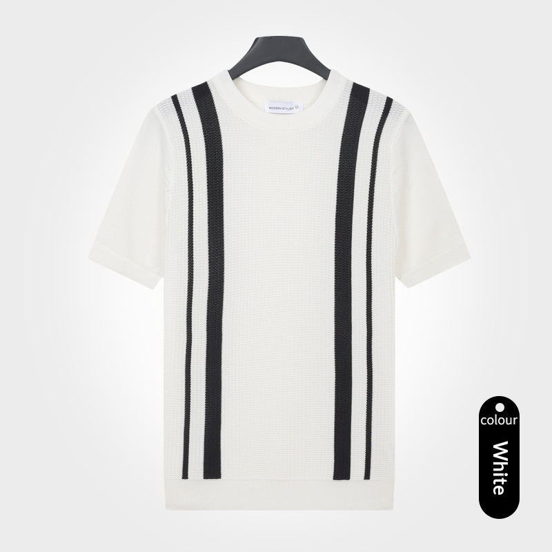 Mens Ice-Silk Cool-Feel Striped Crew-Neck Knitted Top 4 Mens Ice-Silk Cool-Feel Striped Crew-Neck Knitted Top - Image 4