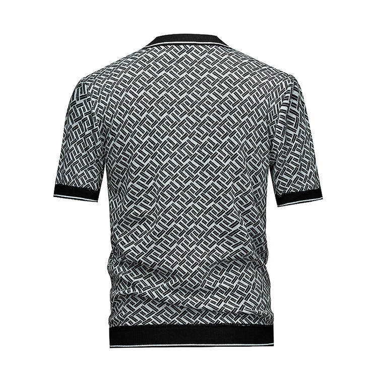 Men's Short Sleeve Knit Polo Shirt, Geometric Interwoven Pattern, Black & Grey - Image 2