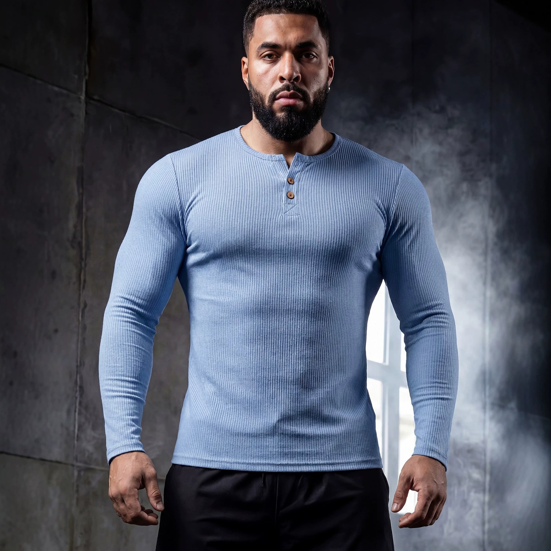 Muscle-fit Sporty-casual Half-button-down Long-sleeve Shirt 2 Muscle-fit Sporty-casual Half-button-down Long-sleeve Shirt - Image 2