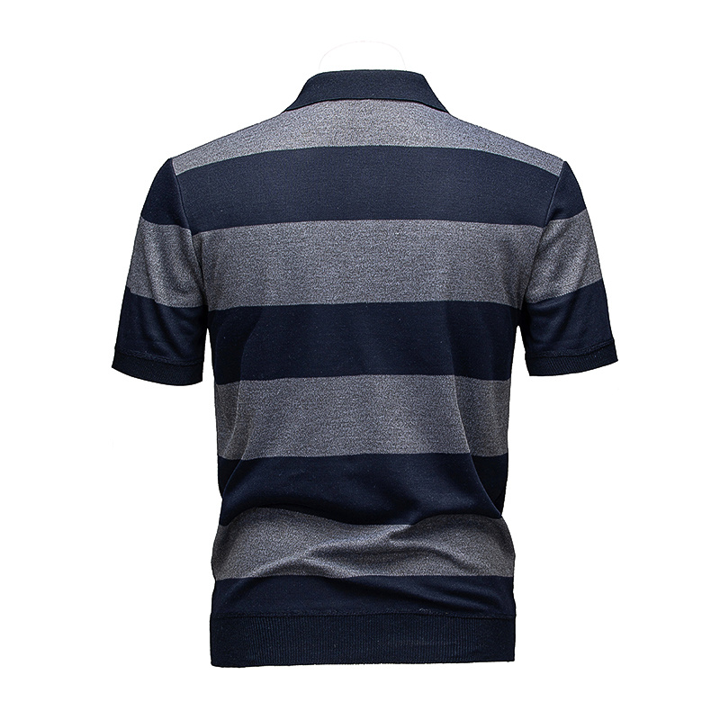 Men's Navy & Grey Horizontal Striped Knit Polo Shirt, Short Sleeve Casual Top 3 Men's Navy & Grey Horizontal Striped Knit Polo Shirt, Short Sleeve Casual Top - Image 3