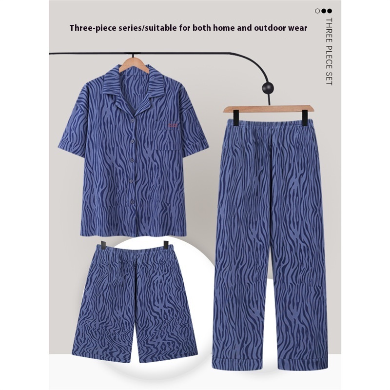 Men's Pajamas Summer Cotton Short Sleeve Trousers Three-piece Set 5 Men's Pajamas Summer Cotton Short Sleeve Trousers Three-piece Set - Image 5
