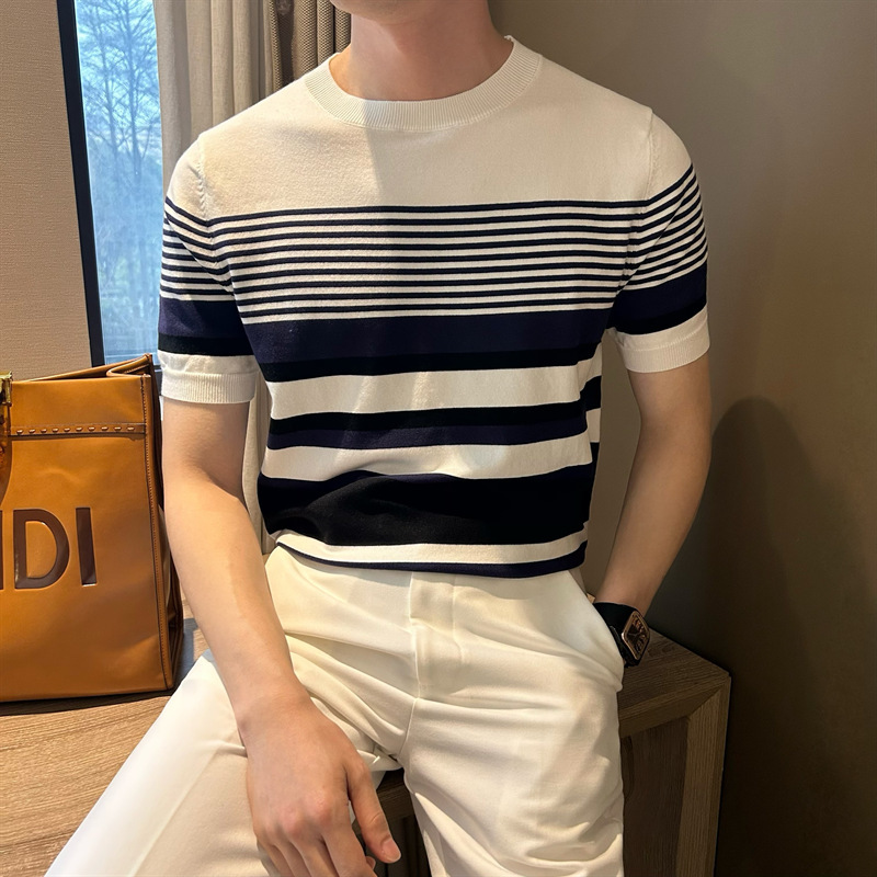 Summer Men's Knitted Crew Neck Striped Top 4 Summer Men's Knitted Crew Neck Striped Top - Image 4