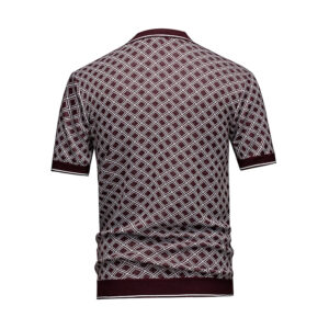Men's Short Sleeve Knit Polo Shirt, Burgundy Diamond Geometric Jacquard