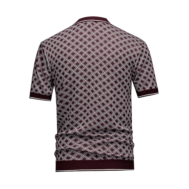 Men's Short Sleeve Knit Polo Shirt, Burgundy Diamond Geometric Jacquard 1 Men's Short Sleeve Knit Polo Shirt, Burgundy Diamond Geometric Jacquard