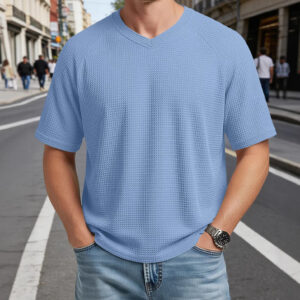 V-neck Waffle-Knit Short-Sleeve Knit T-Shirt