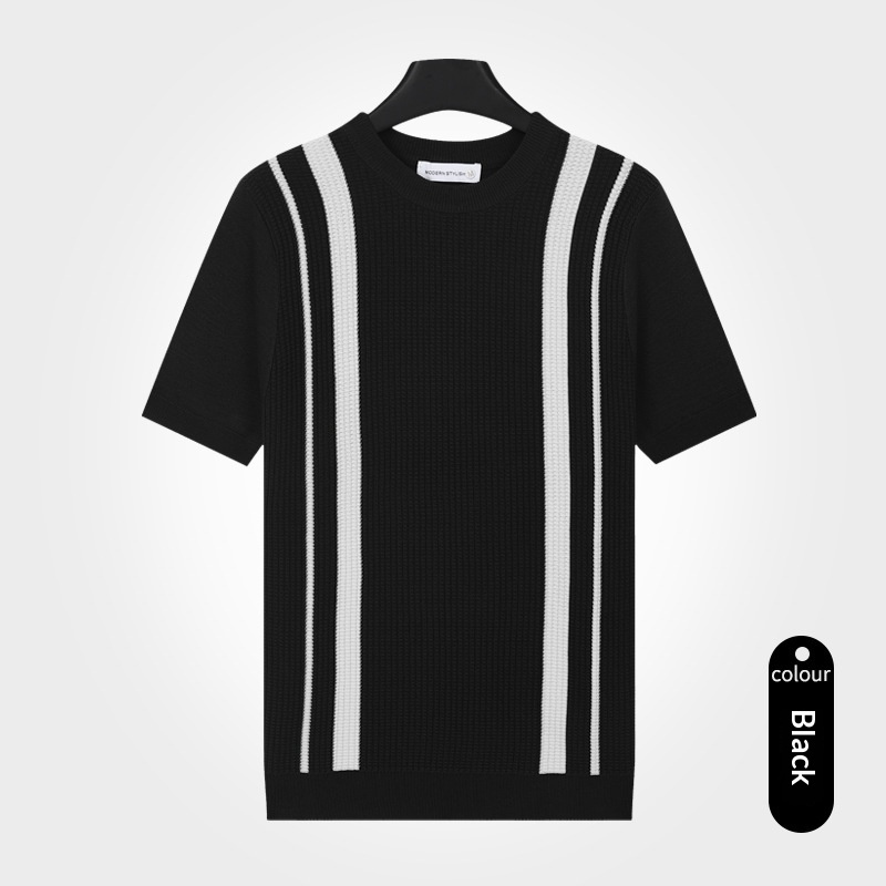 Mens Ice-Silk Cool-Feel Striped Crew-Neck Knitted Top 3 Mens Ice-Silk Cool-Feel Striped Crew-Neck Knitted Top - Image 3