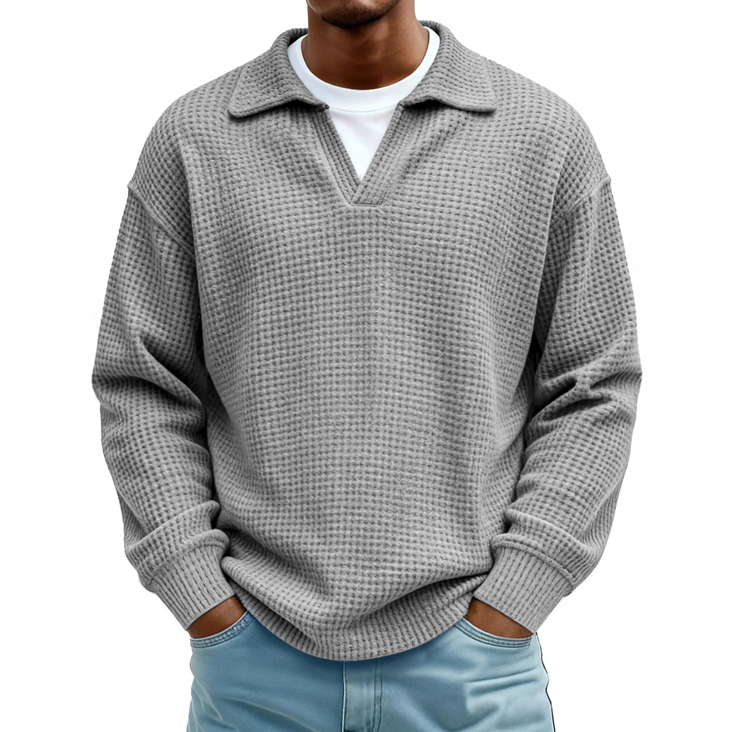 Waffle-Paneled Polo Shirt Mens Lapel Knitwear 1 Waffle-Paneled Polo Shirt Mens Lapel Knitwear