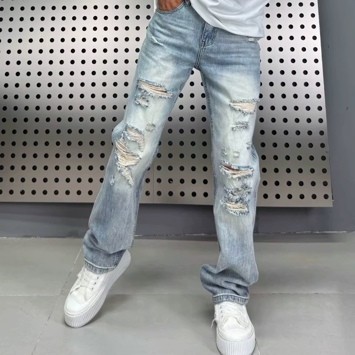 Perforated Design Denim Straight Leg Pants 2 Perforated Design Denim Straight Leg Pants - Image 2