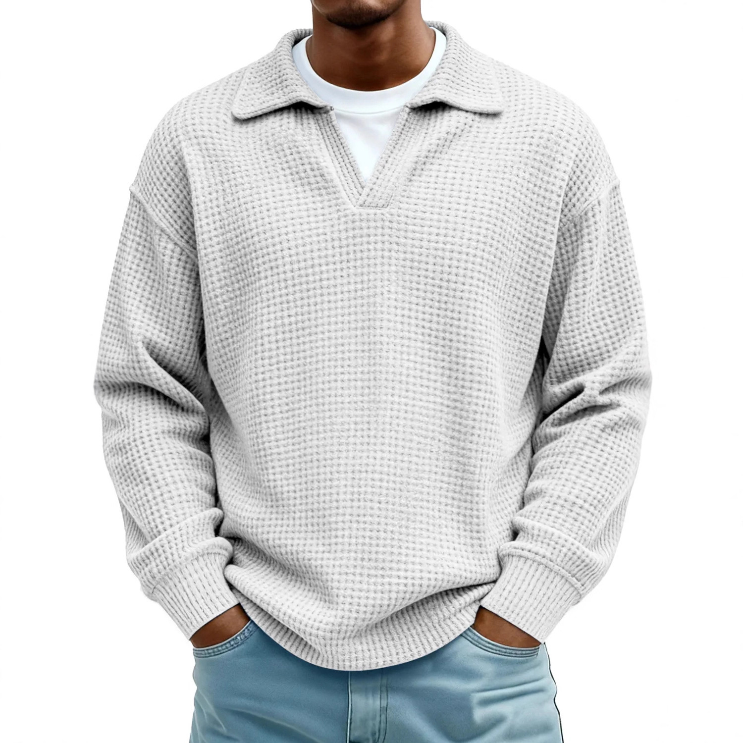 Waffle-Paneled Polo Shirt Mens Lapel Knitwear 3 Waffle-Paneled Polo Shirt Mens Lapel Knitwear - Image 3