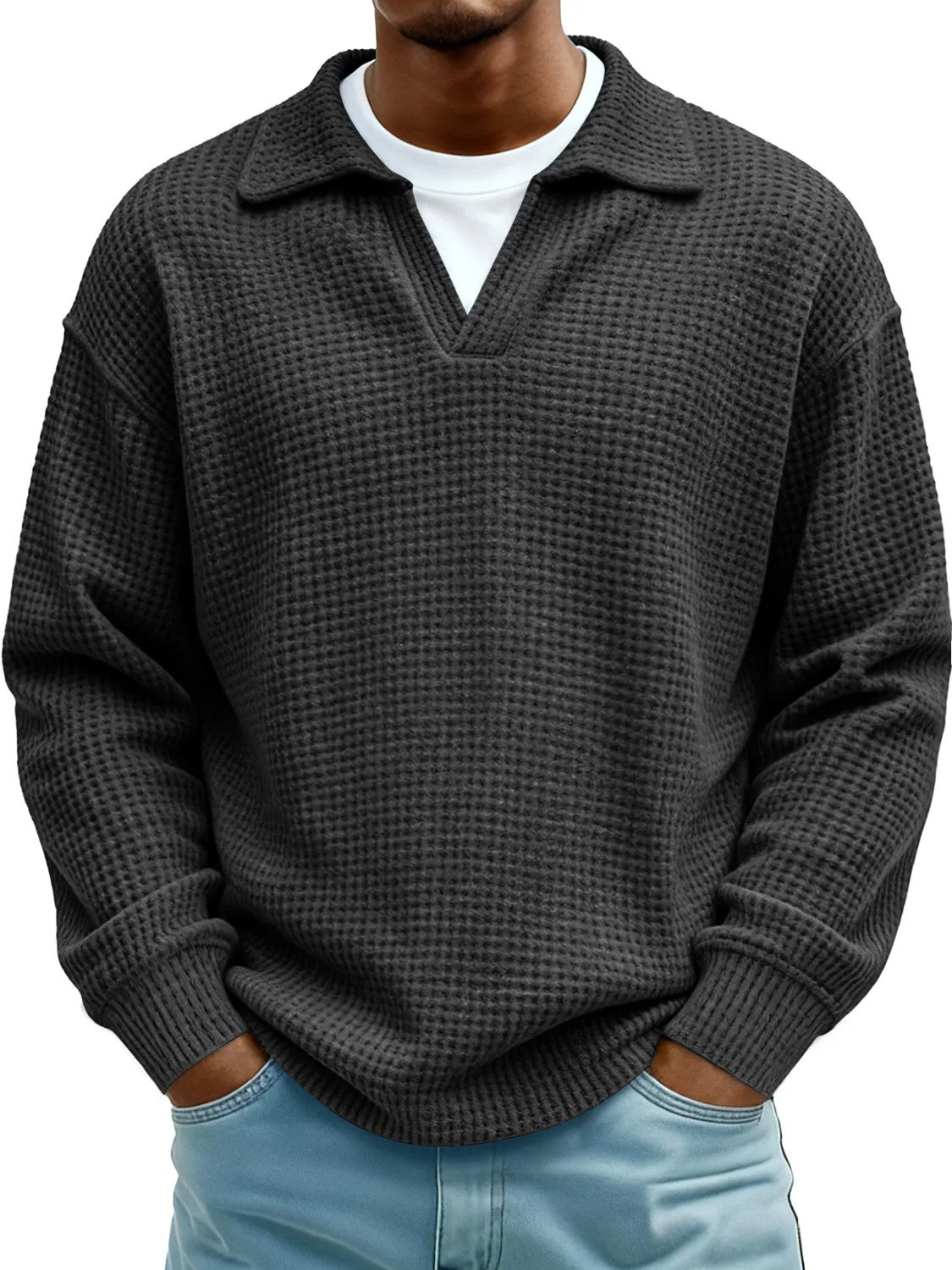 Waffle-Paneled Polo Shirt Mens Lapel Knitwear 9 Waffle-Paneled Polo Shirt Mens Lapel Knitwear - Image 9