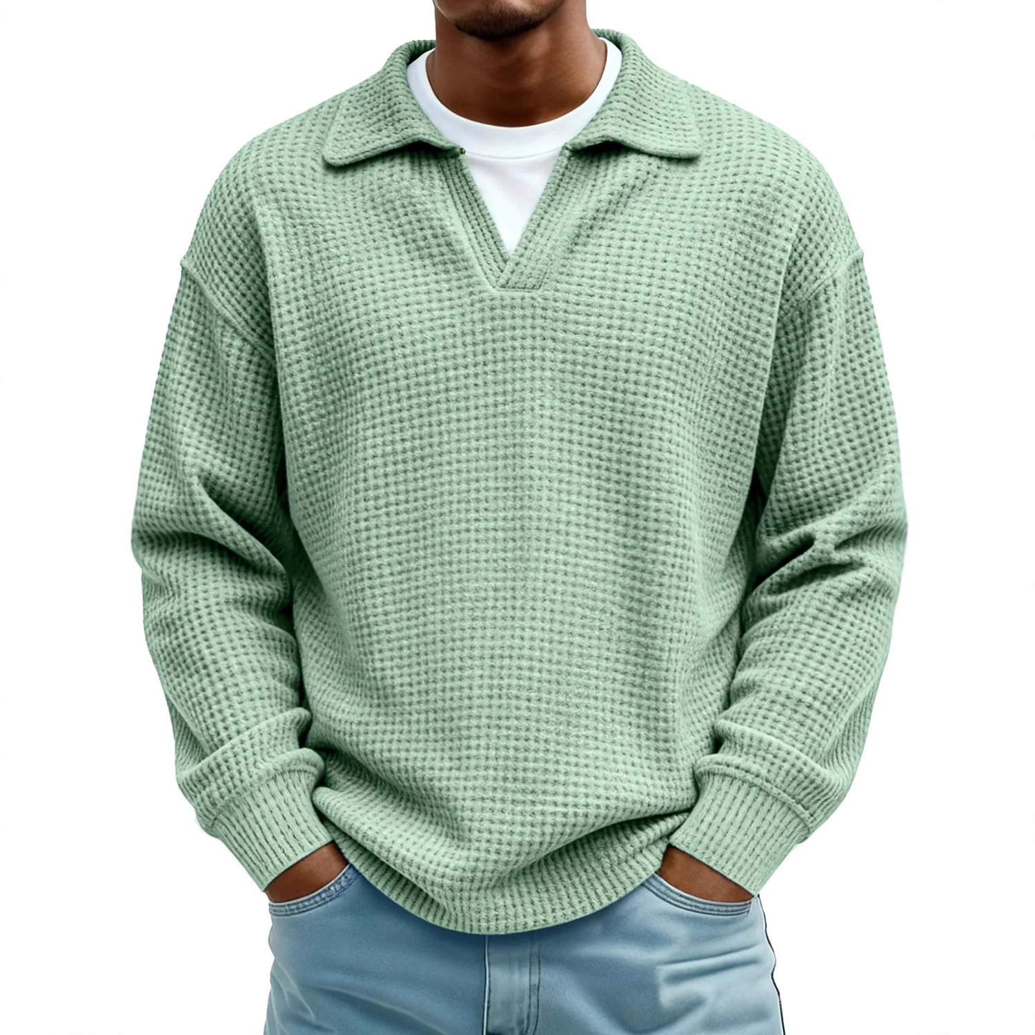 Waffle-Paneled Polo Shirt Mens Lapel Knitwear 4 Waffle-Paneled Polo Shirt Mens Lapel Knitwear - Image 4