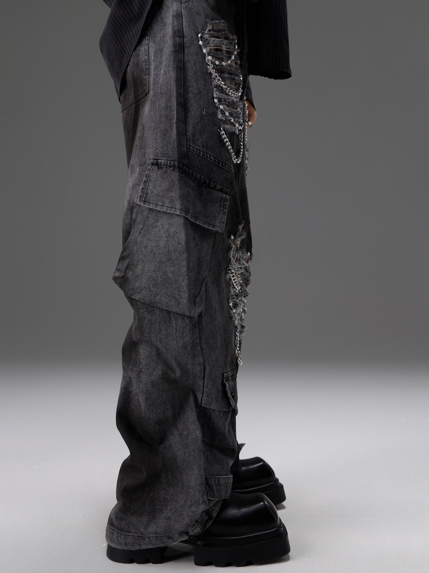 Denim Jeans With Pearl And Metal Hardware Work Pants 5 Denim Jeans With Pearl And Metal Hardware Work Pants - Image 5