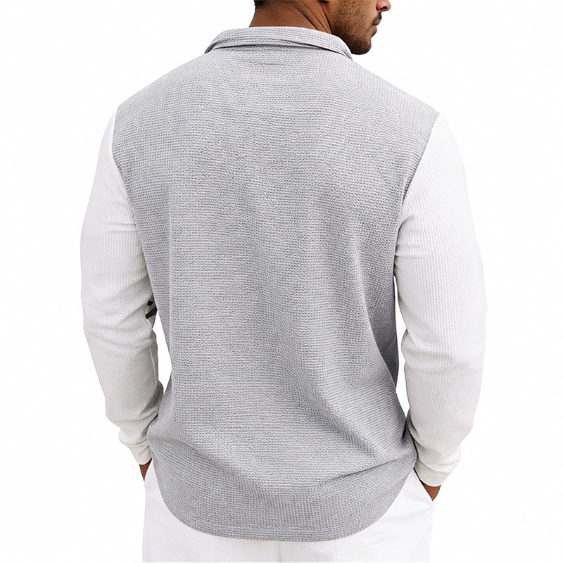 Men's Waffle-Weave Loose-Fit Casual Color-Block Striped Long-Sleeve Shirt 7 Men's Waffle-Weave Loose-Fit Casual Color-Block Striped Long-Sleeve Shirt - Image 7