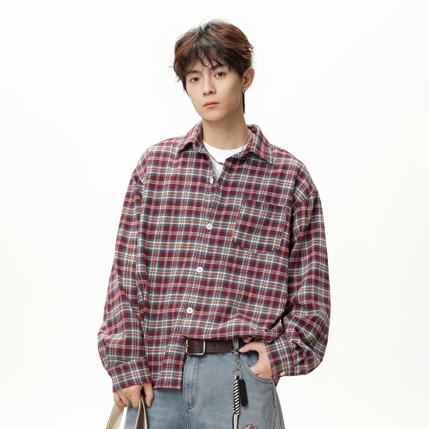 Men's Retro Color-Block Plaid Long-Sleeve Shirt 3 Men's Retro Color-Block Plaid Long-Sleeve Shirt - Image 3