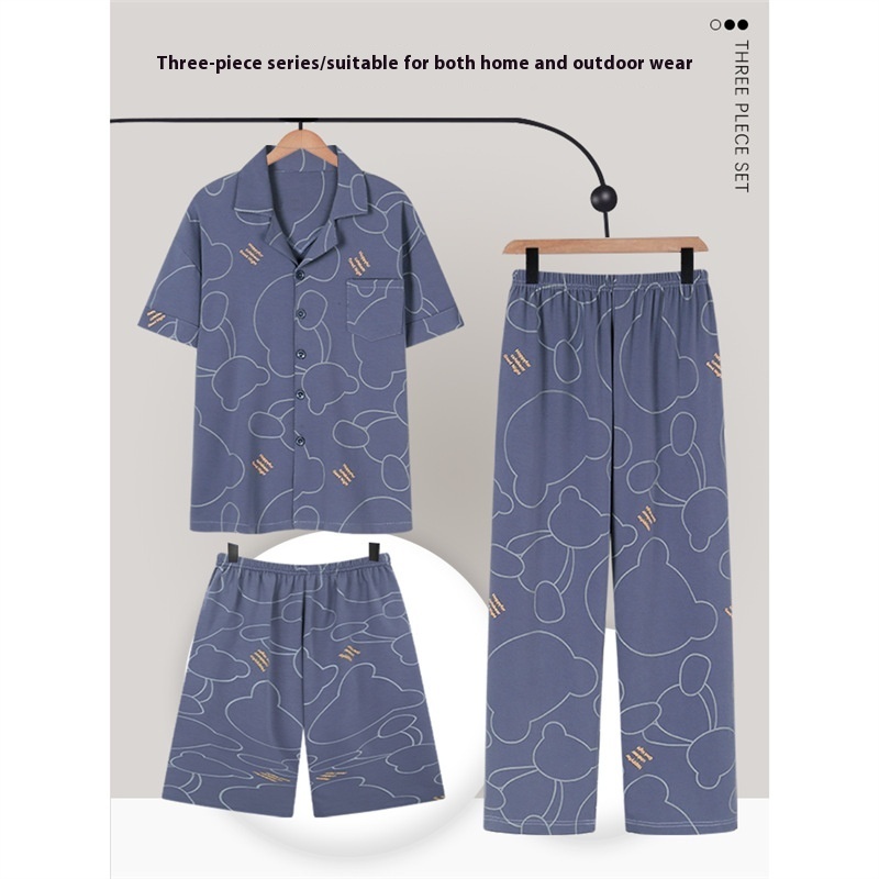 Men's Pajamas Summer Cotton Short Sleeve Trousers Three-piece Set 3 Men's Pajamas Summer Cotton Short Sleeve Trousers Three-piece Set - Image 3