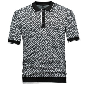 Men's Short Sleeve Knit Polo Shirt, Geometric Interwoven Pattern, Black & Grey