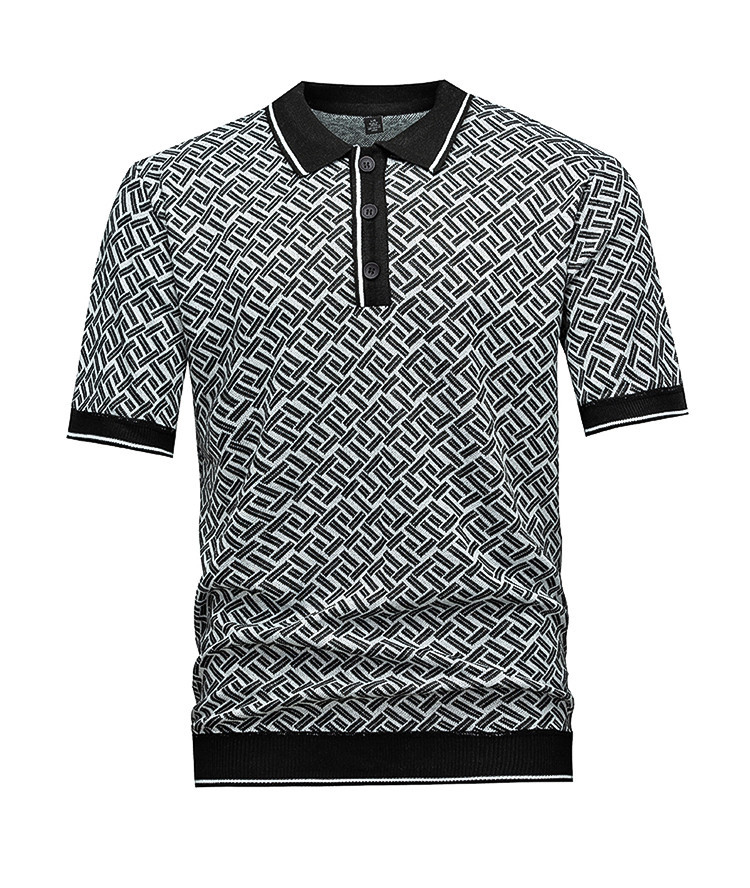 Men's Short Sleeve Knit Polo Shirt, Geometric Interwoven Pattern, Black & Grey