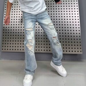 Perforated Design Denim Straight Leg Pants