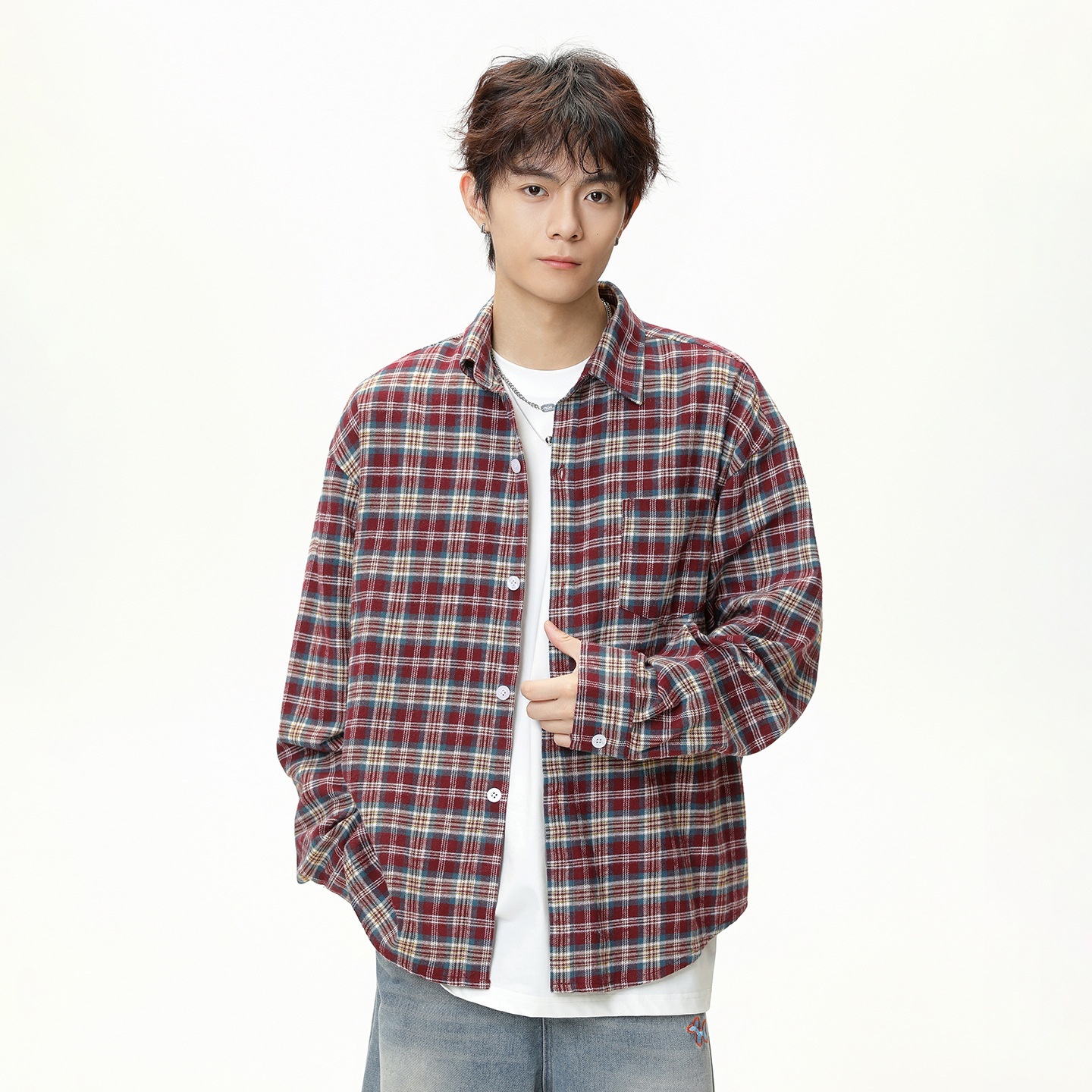 Men's Retro Color-Block Plaid Long-Sleeve Shirt 7 Men's Retro Color-Block Plaid Long-Sleeve Shirt - Image 7