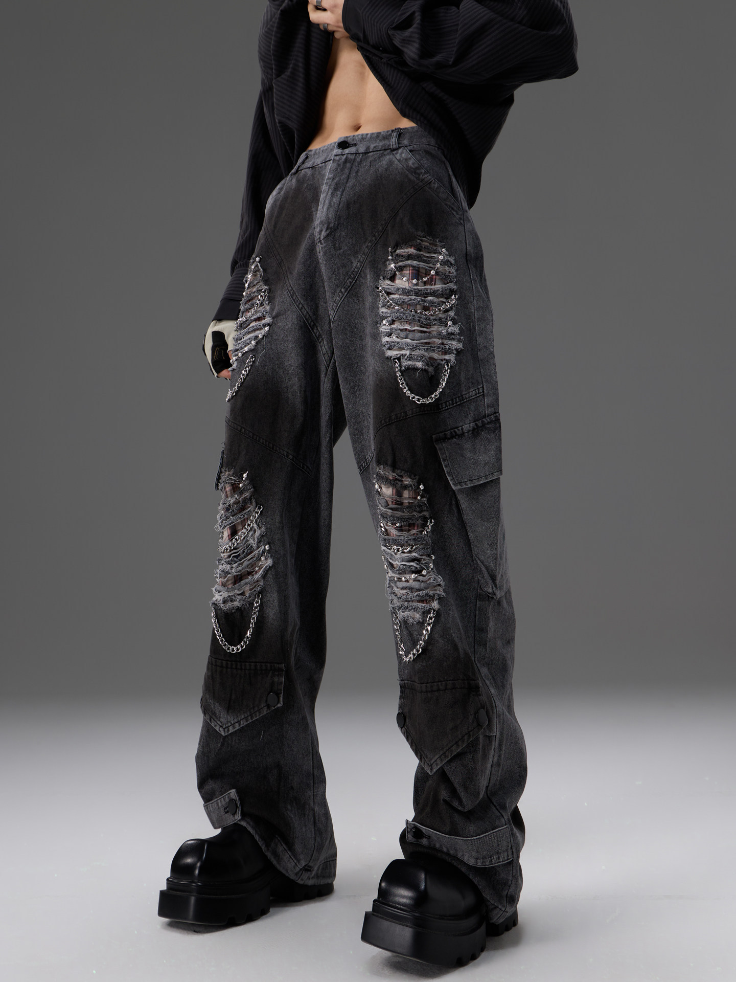 Denim Jeans With Pearl And Metal Hardware Work Pants 4 Denim Jeans With Pearl And Metal Hardware Work Pants - Image 4