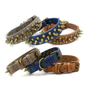 Retro Studded Leather Dog Collar with Spikes & Rivets – Sizes S to XL
