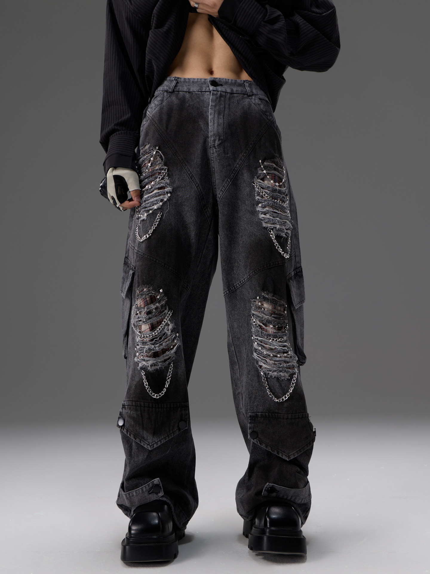Denim Jeans With Pearl And Metal Hardware Work Pants 3 Denim Jeans With Pearl And Metal Hardware Work Pants - Image 3