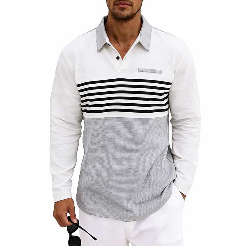 Men's Waffle-Weave Loose-Fit Casual Color-Block Striped Long-Sleeve Shirt 4 Men's Waffle-Weave Loose-Fit Casual Color-Block Striped Long-Sleeve Shirt - Image 4