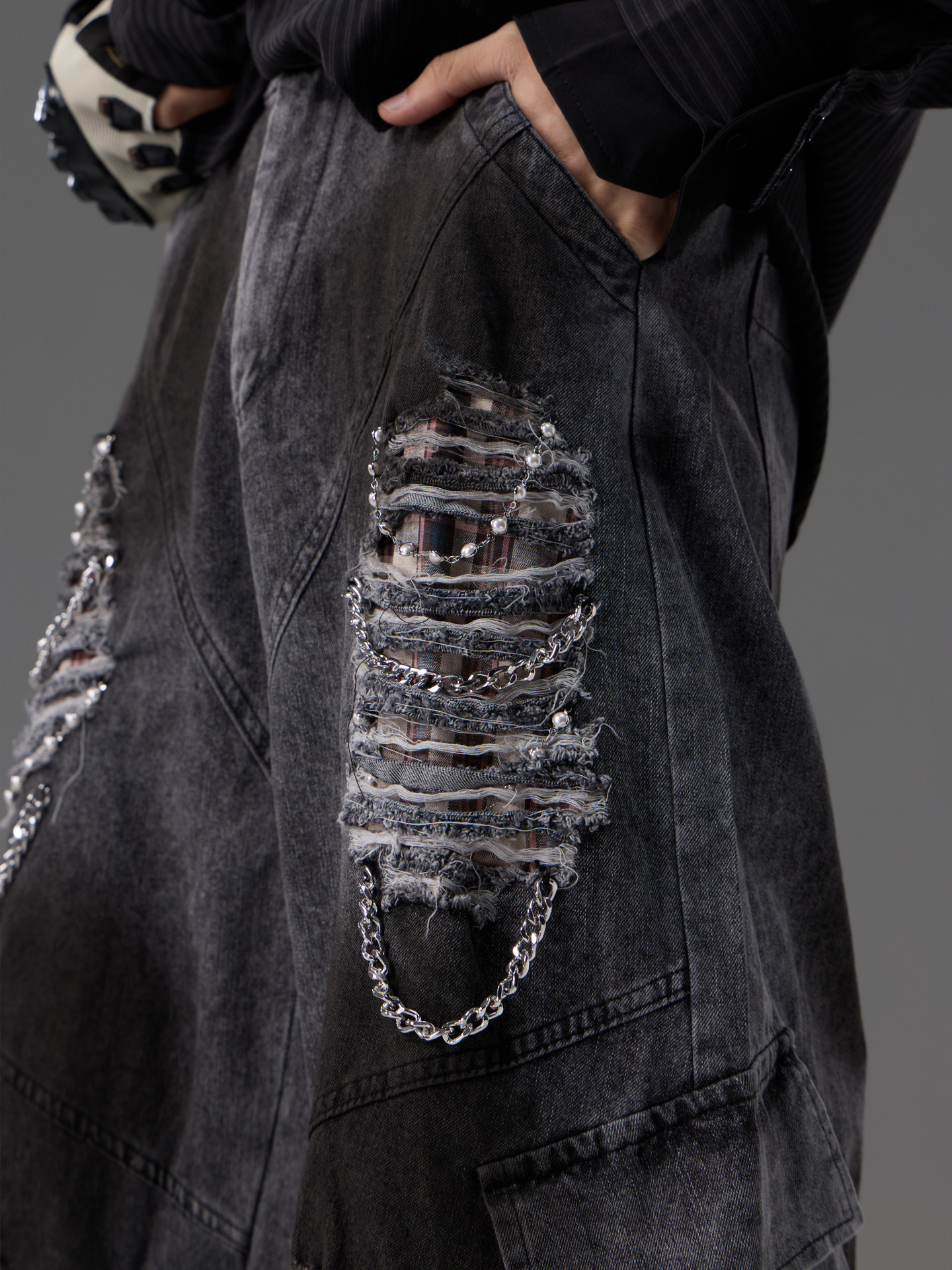 Denim Jeans With Pearl And Metal Hardware Work Pants 6 Denim Jeans With Pearl And Metal Hardware Work Pants - Image 6