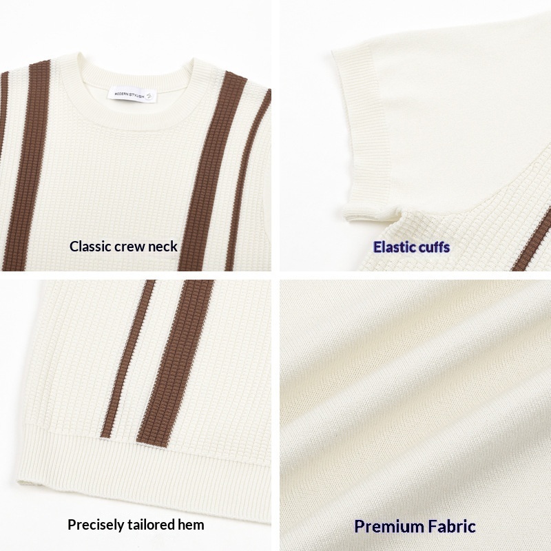 Mens Ice-Silk Cool-Feel Striped Crew-Neck Knitted Top 2 Mens Ice-Silk Cool-Feel Striped Crew-Neck Knitted Top - Image 2