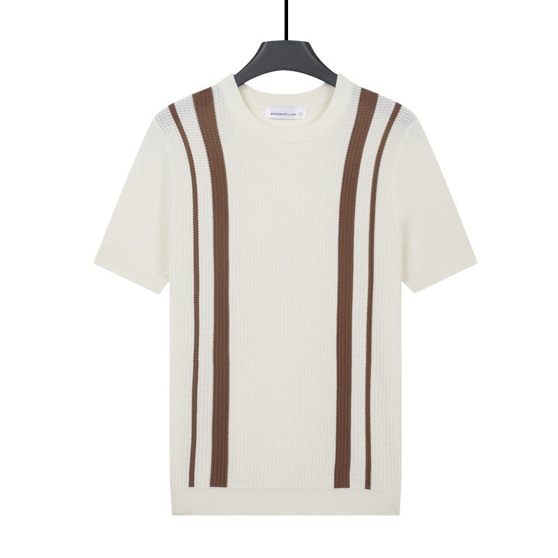 Mens Ice-Silk Cool-Feel Striped Crew-Neck Knitted Top 5 Mens Ice-Silk Cool-Feel Striped Crew-Neck Knitted Top - Image 5