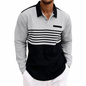 Men's Waffle-Weave Loose-Fit Casual Color-Block Striped Long-Sleeve Shirt