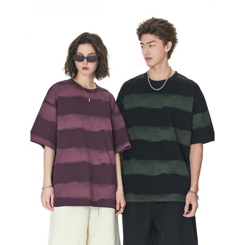 Tie-dye Washed Striped Short-Sleeve Men's Cotton T-Shirt 1 Tie-dye Washed Striped Short-Sleeve Men's Cotton T-Shirt