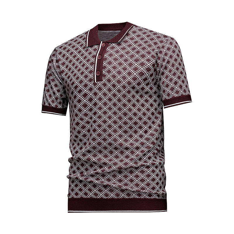 Men's Short Sleeve Knit Polo Shirt, Burgundy Diamond Geometric Jacquard 3 Men's Short Sleeve Knit Polo Shirt, Burgundy Diamond Geometric Jacquard - Image 3