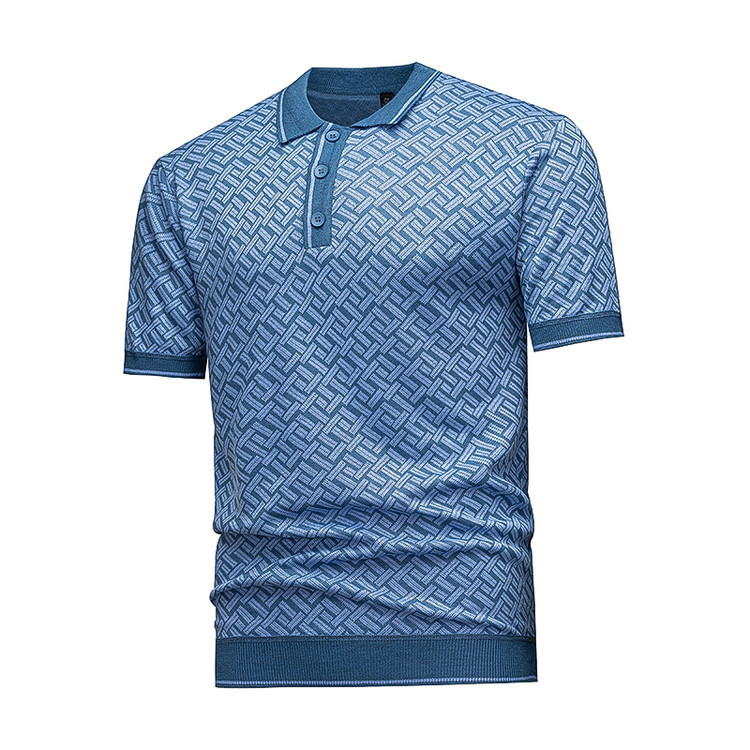 Men's Short Sleeve Knit Polo Shirt, Geometric Interwoven Pattern, Black & Grey - Image 4
