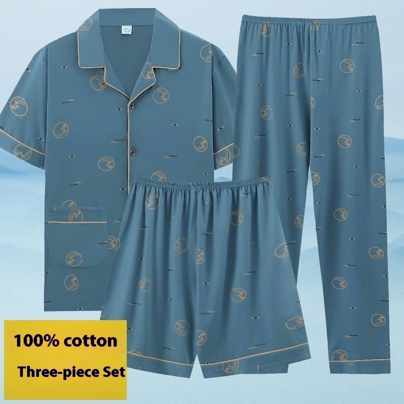 Men's Pajamas Summer Cotton Short Sleeve Trousers Three-piece Set 6 Men's Pajamas Summer Cotton Short Sleeve Trousers Three-piece Set - Image 6