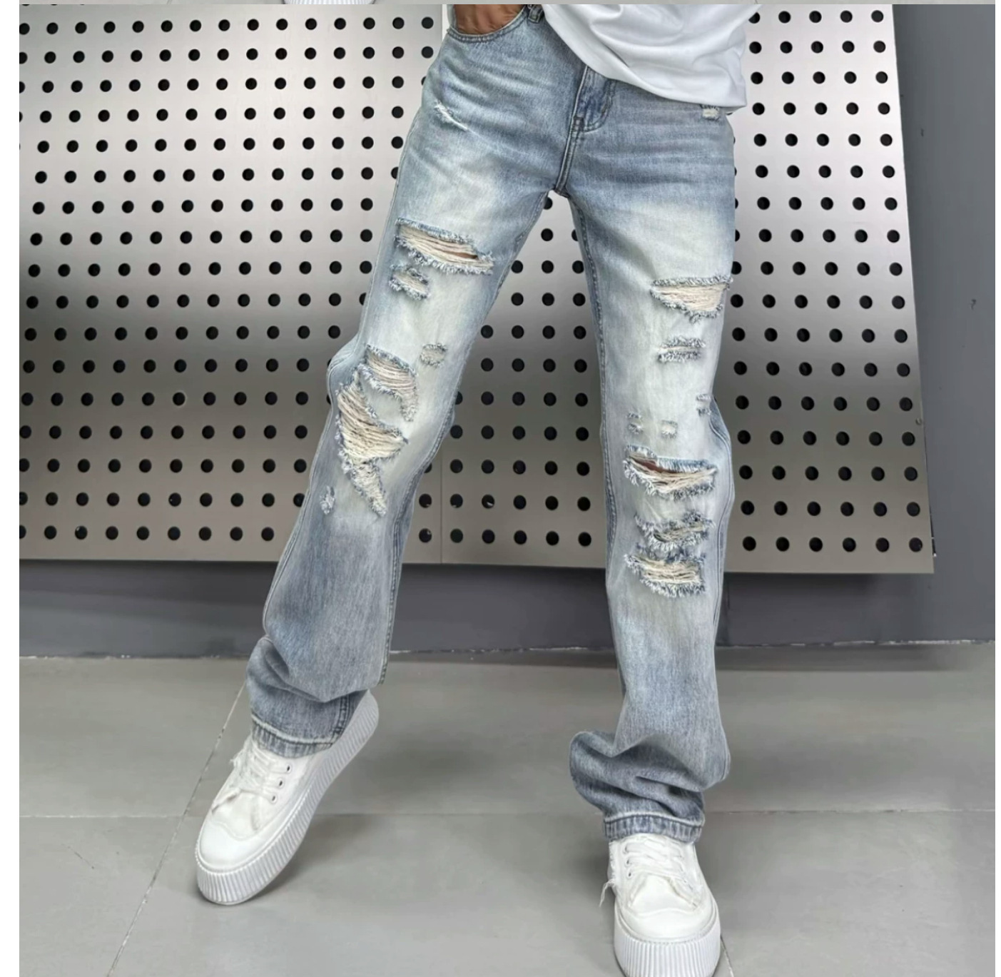 Perforated Design Denim Straight Leg Pants 6 Perforated Design Denim Straight Leg Pants - Image 6