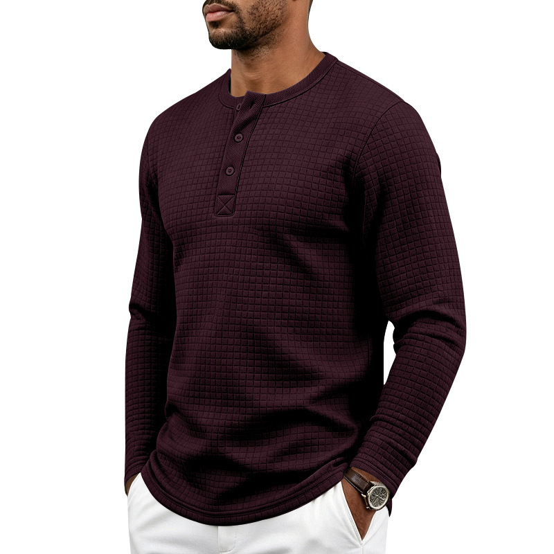 Retro Jacquard Plaid Loose-Fit Long-Sleeve Henley T-Shirt 4 Retro Jacquard Plaid Loose-Fit Long-Sleeve Henley T-Shirt - Image 4