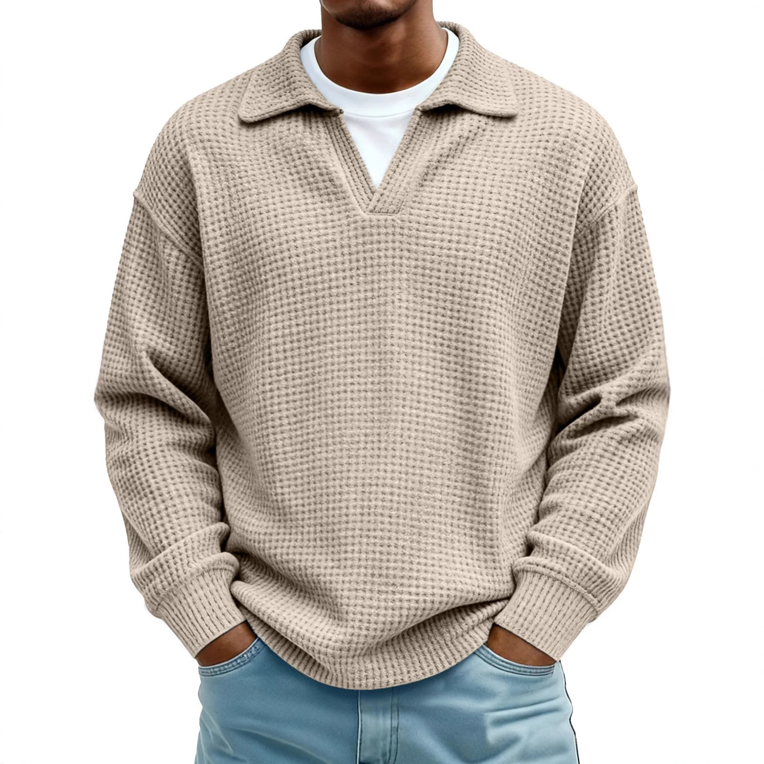 Waffle-Paneled Polo Shirt Mens Lapel Knitwear 2 Waffle-Paneled Polo Shirt Mens Lapel Knitwear - Image 2