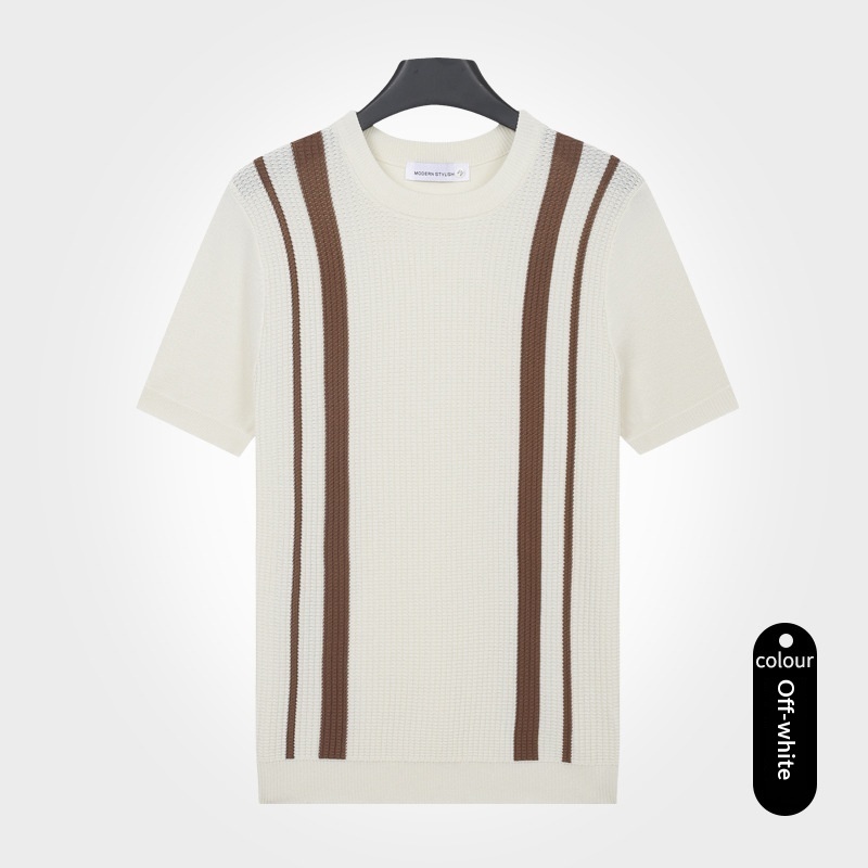 Mens Ice-Silk Cool-Feel Striped Crew-Neck Knitted Top 6 Mens Ice-Silk Cool-Feel Striped Crew-Neck Knitted Top - Image 6