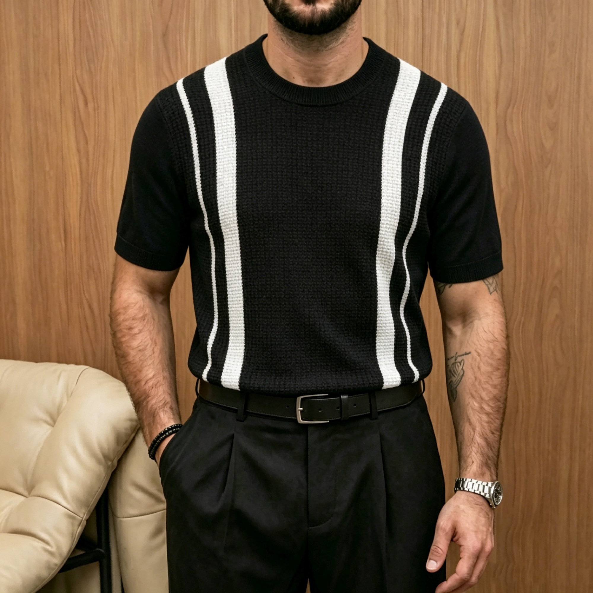Mens Ice-Silk Cool-Feel Striped Crew-Neck Knitted Top 1 Mens Ice-Silk Cool-Feel Striped Crew-Neck Knitted Top