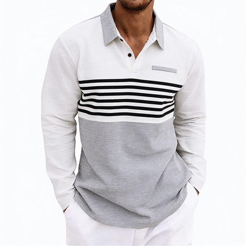 Men's Waffle-Weave Loose-Fit Casual Color-Block Striped Long-Sleeve Shirt 6 Men's Waffle-Weave Loose-Fit Casual Color-Block Striped Long-Sleeve Shirt - Image 6