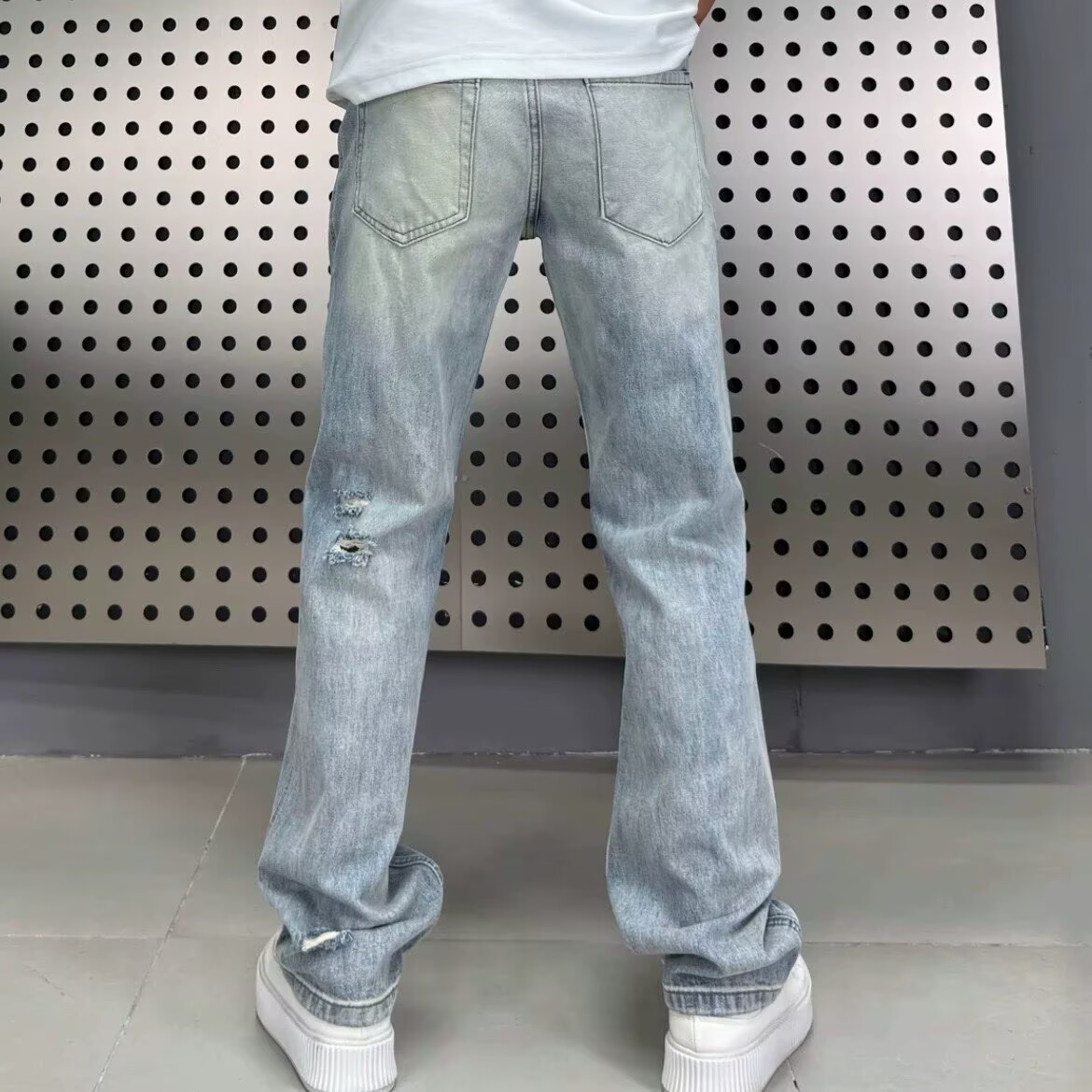 Perforated Design Denim Straight Leg Pants 3 Perforated Design Denim Straight Leg Pants - Image 3
